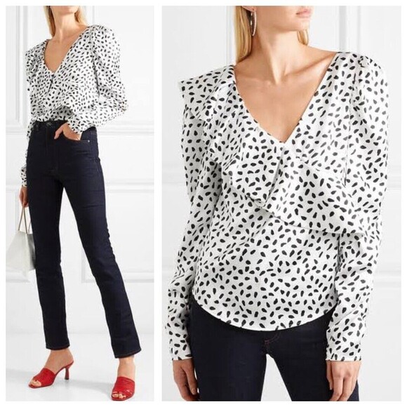 Self-Portrait Polka Dot Satin Ruffle Blouse Women’s Size 4 V-Neck Long Sleeve - Picture 1 of 14